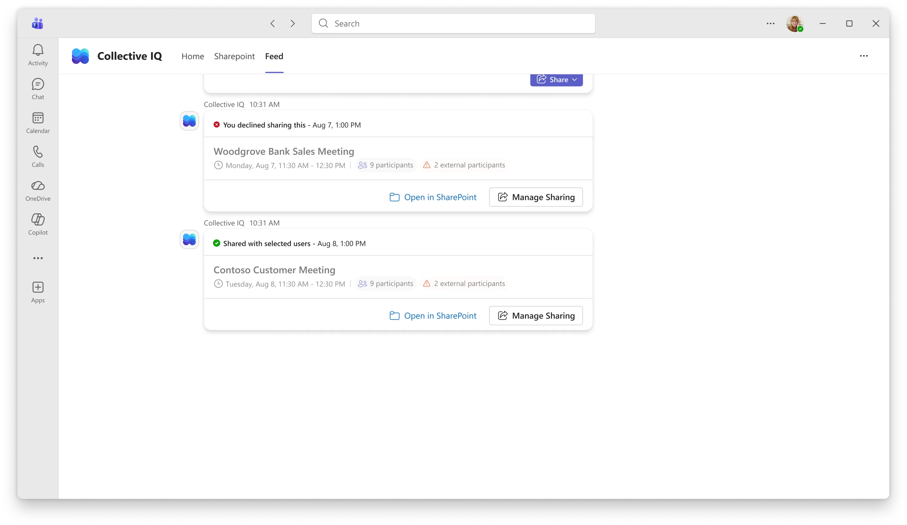 CIQ surfaced in SharePoint — meeting intelligence in a different product context